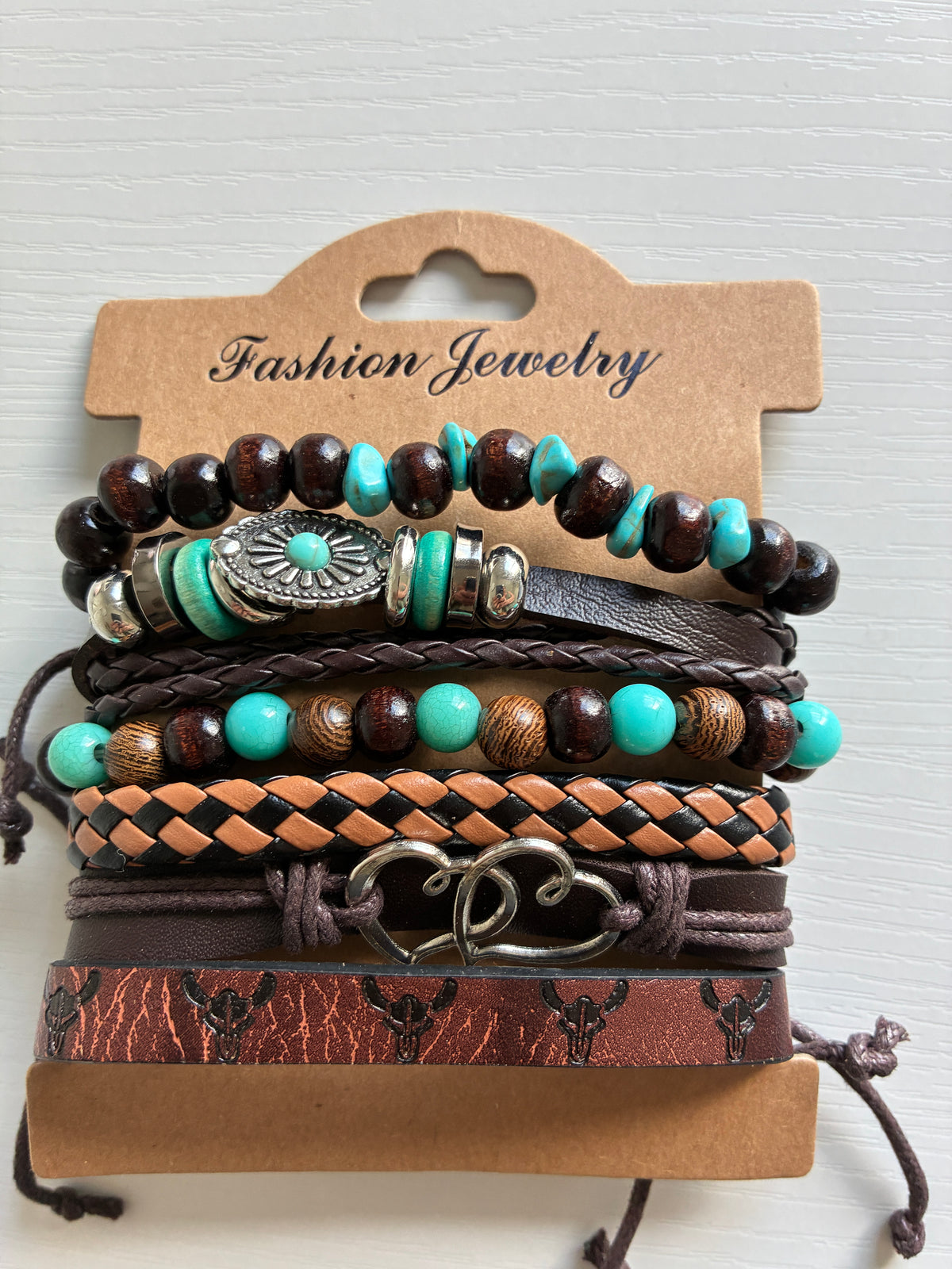 Lot de 6 bracelets bohème – Turquoise & marron – Modèle 1