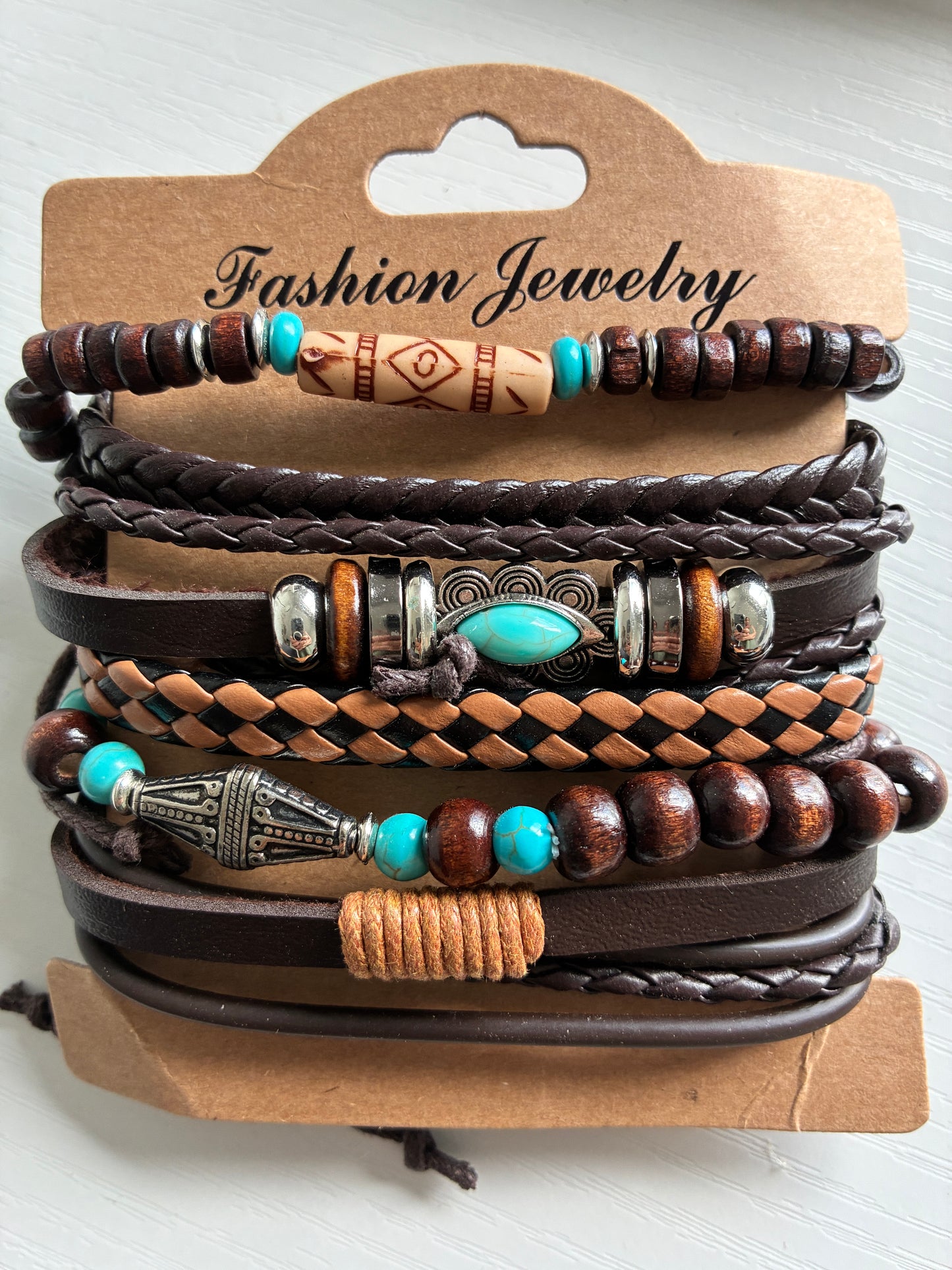 Lot de 6 bracelets bohème – Marron & turquoise – Modèle 4