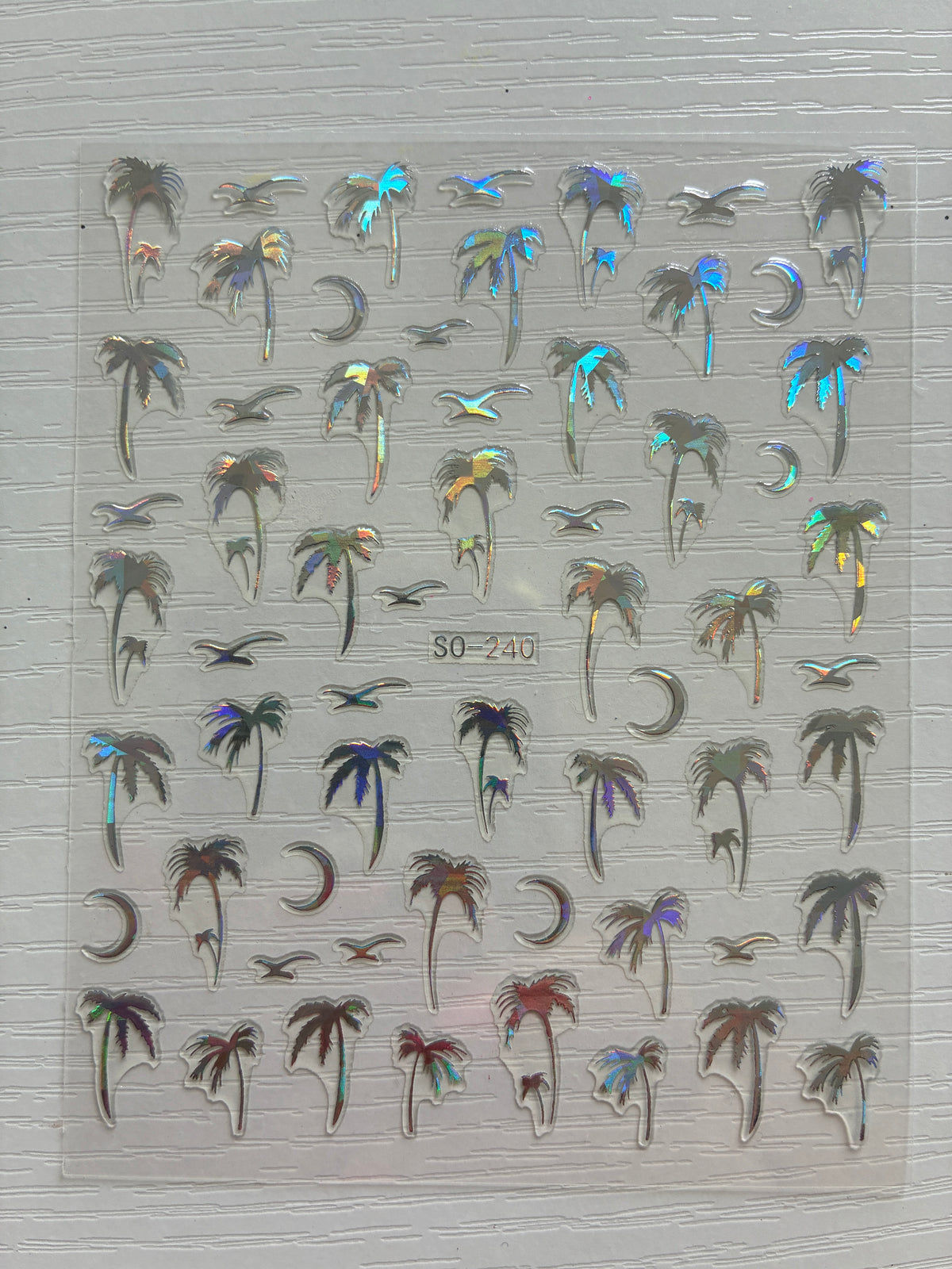 Stickers pour ongles – Palmiers argent holographique, oiseaux et lunes