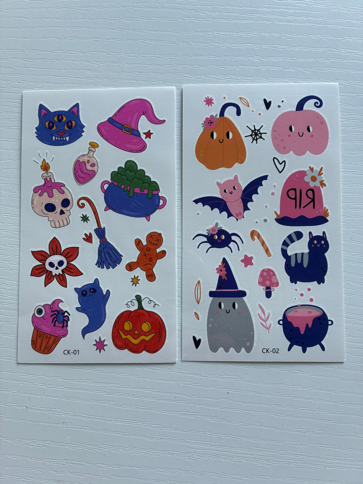 Tatouages éphémères Halloween 01-02 – Lot 2 planches – Citrouilles Chats Fantômes