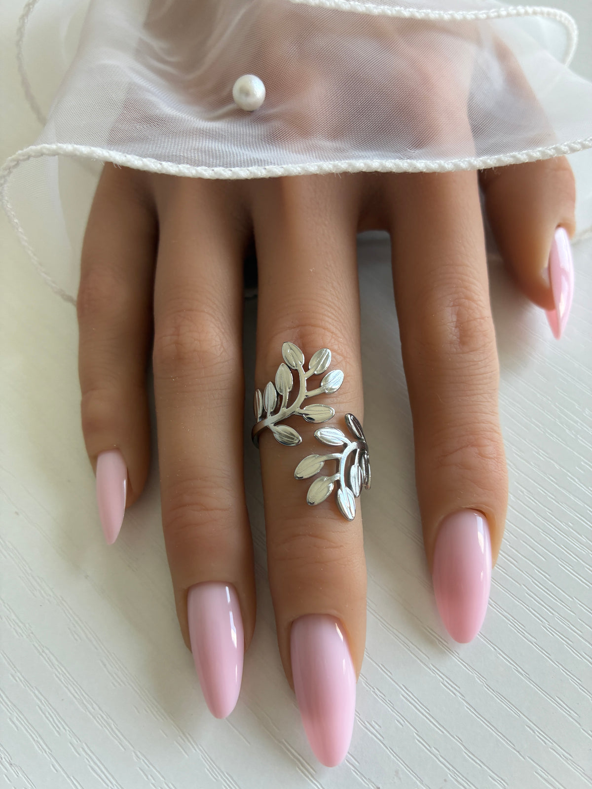 Bague Branche d’Olivier argentée – Acier inoxydable – Ajustable