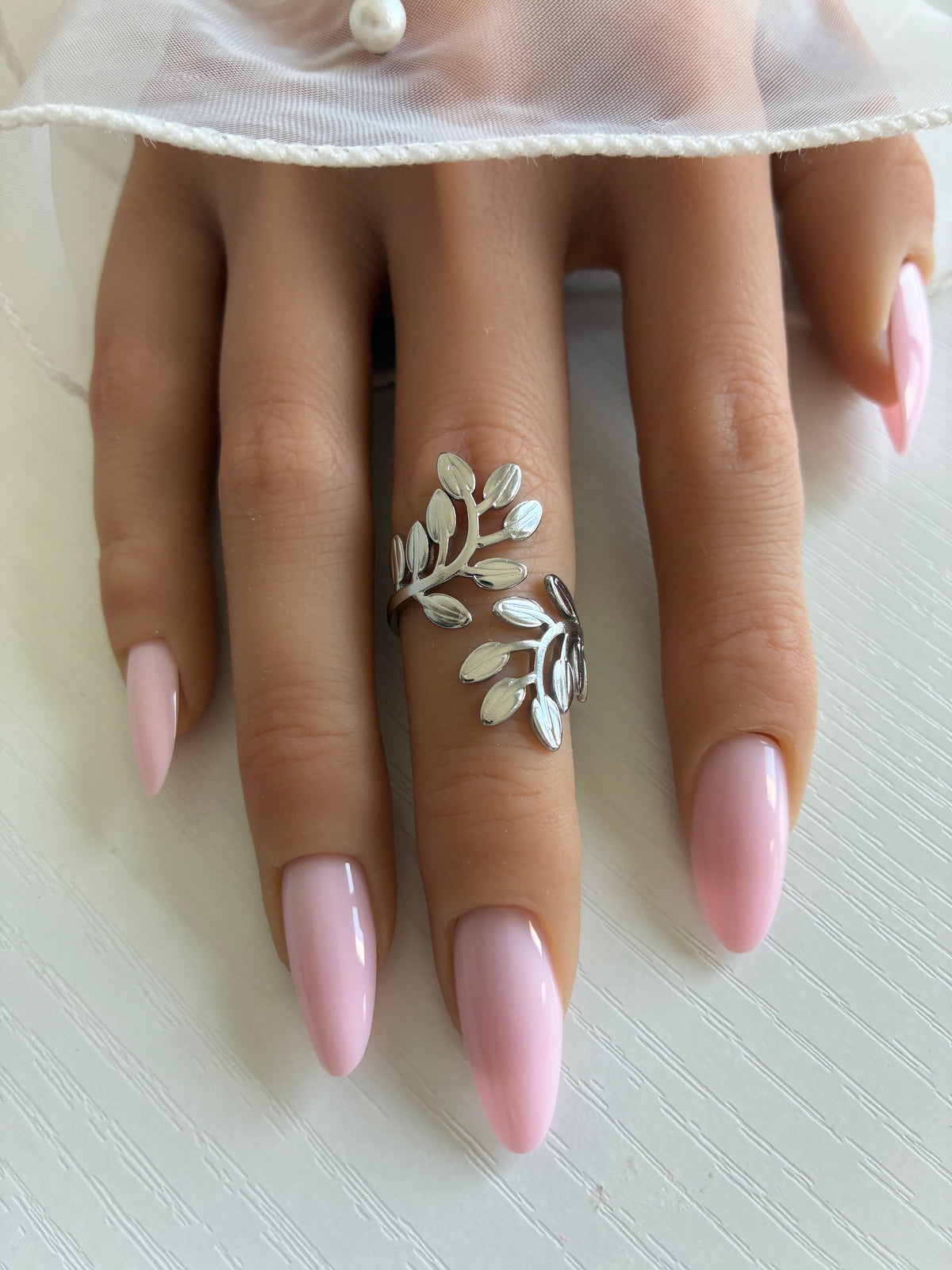 Bague Branche d’Olivier argentée – Acier inoxydable – Ajustable