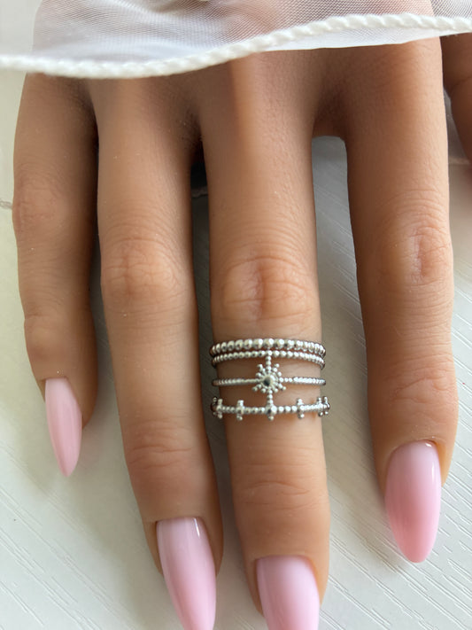 Bague Soleil argentée ajourée – Acier inoxydable – Ajustable