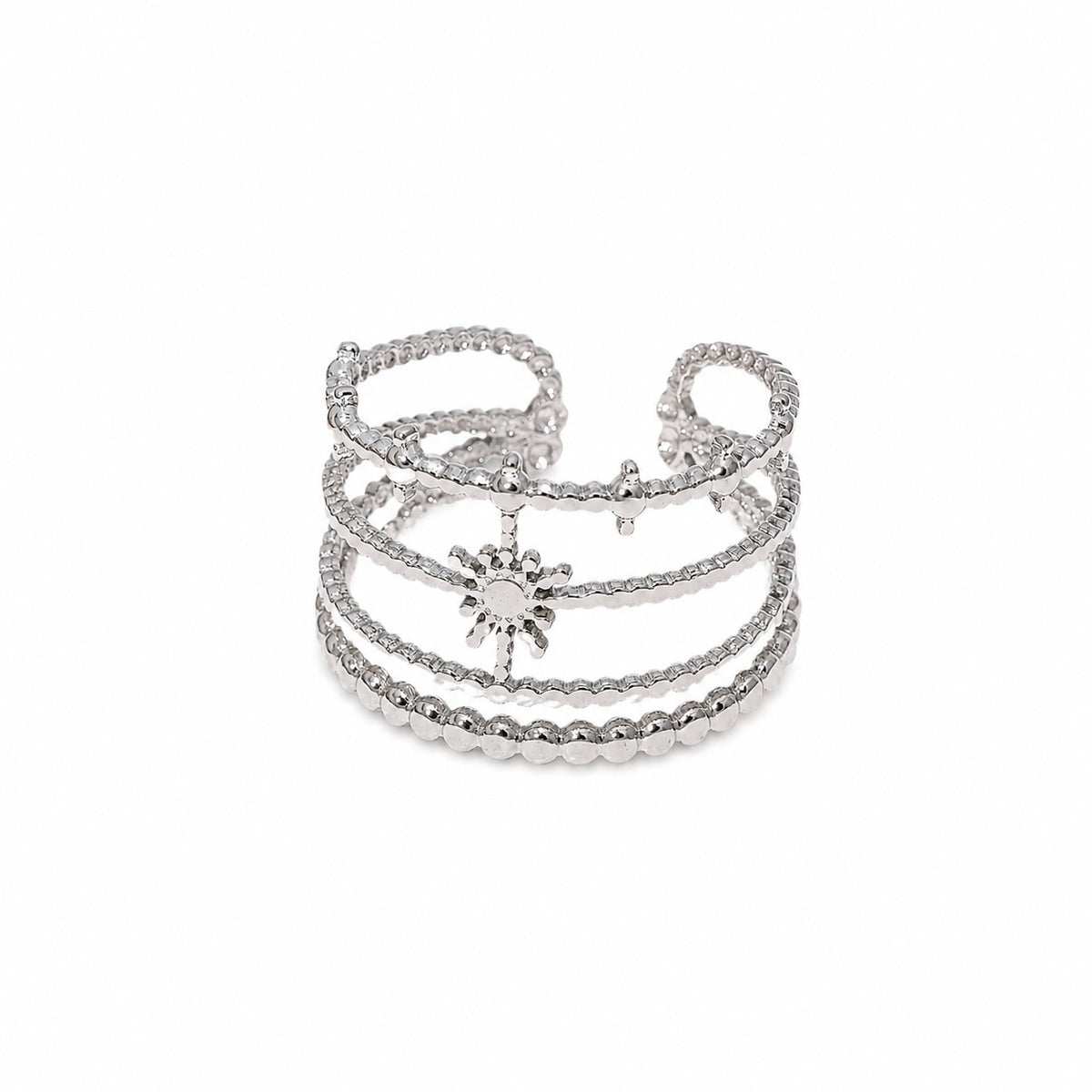 Bague Soleil argentée ajourée – Acier inoxydable – Ajustable