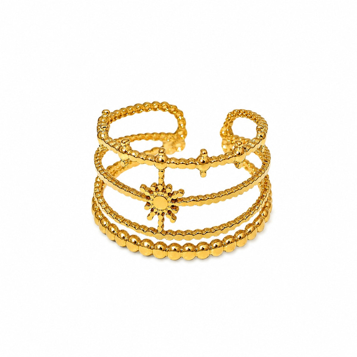 Bague Soleil dorée ajourée – Acier inoxydable – Ajustable