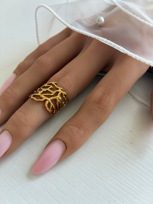 Bague Branches dorée ajourée – Acier inoxydable – Ajustable