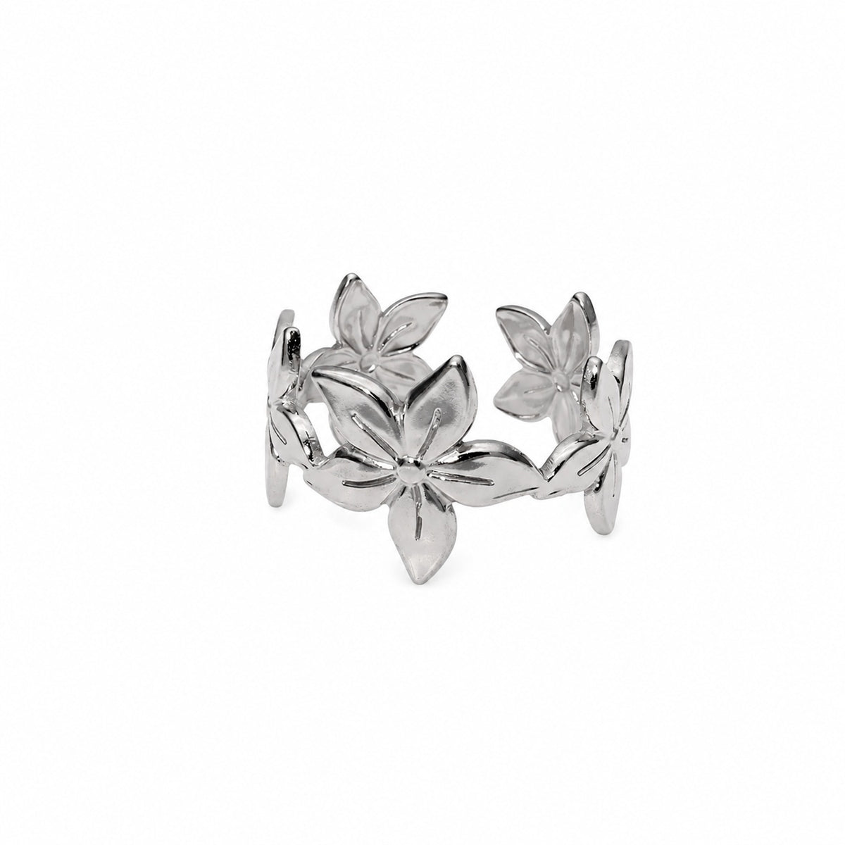 Bague Fleurs argentée ajourée – Acier inoxydable – Ajustable