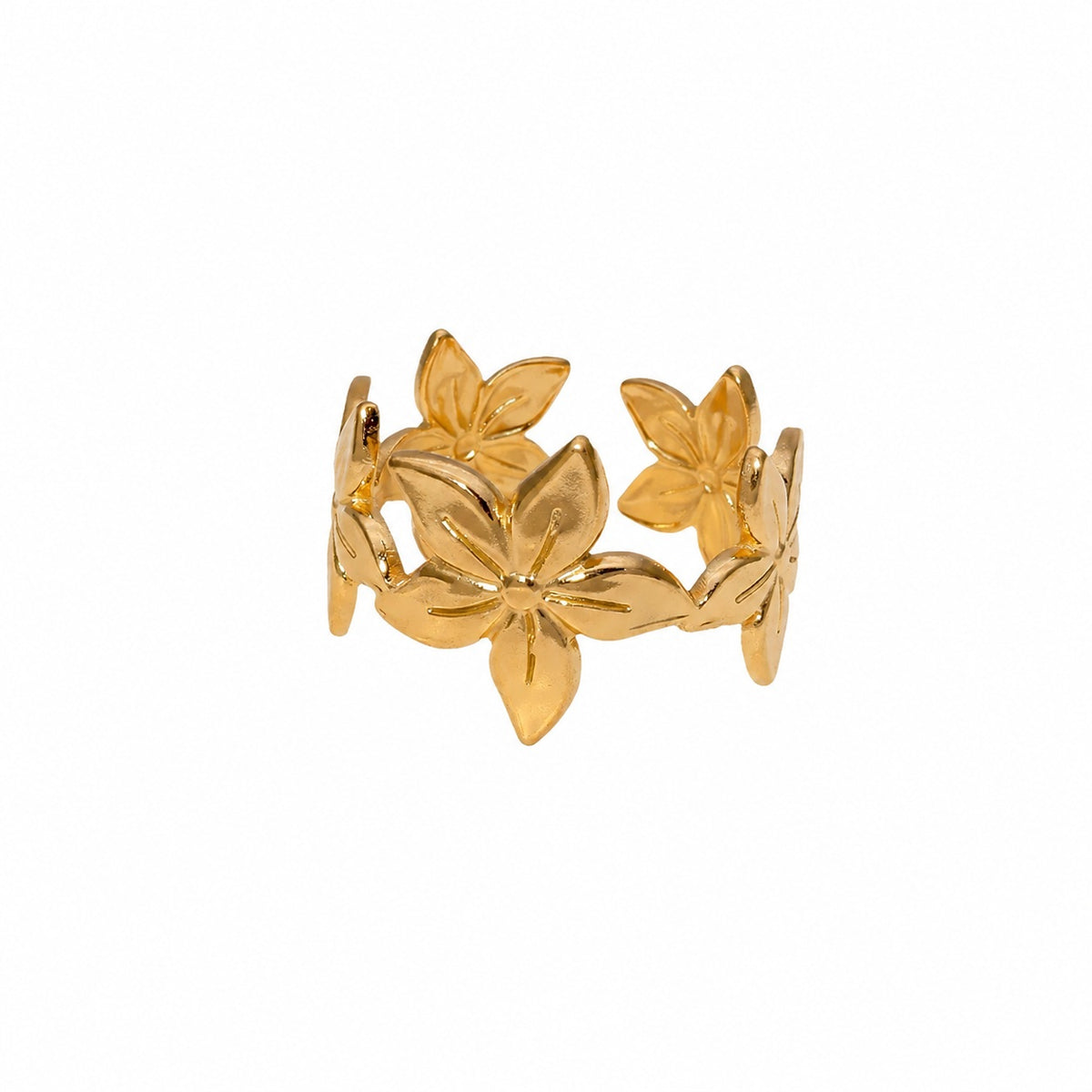 Bague Fleurs dorée ajourée – Acier inoxydable – Ajustable