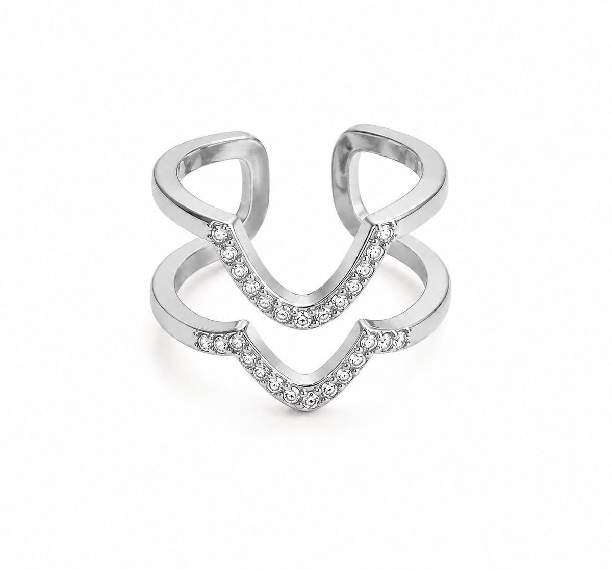 Bague d’ongle Double V argentée à strass – Ajustable