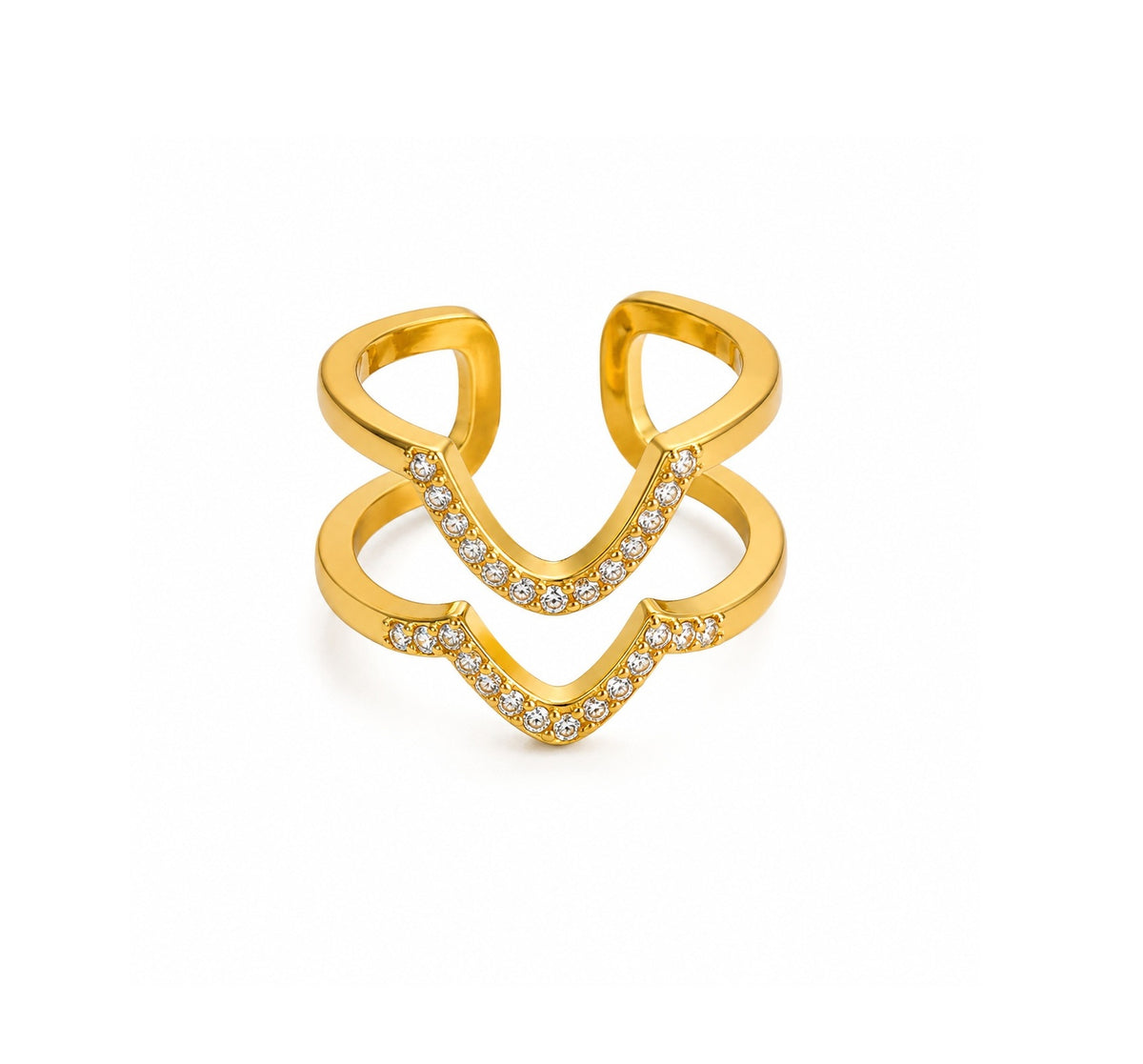 Bague d’ongle Double V dorée à strass – Ajustable