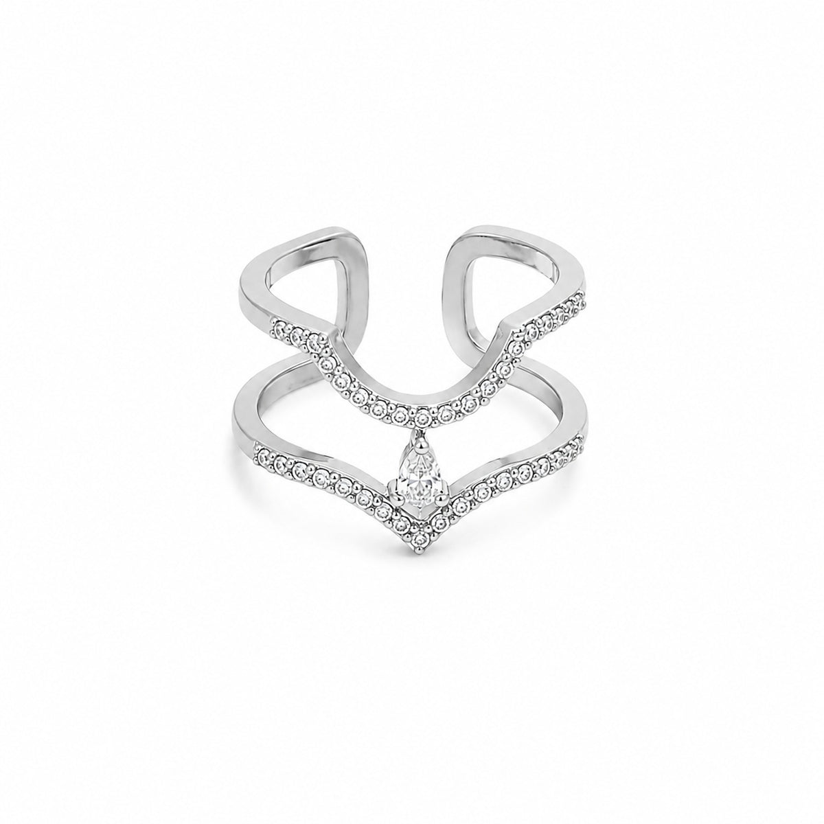 Bague d’ongle Double V argentée à strass & goutte – Ajustable