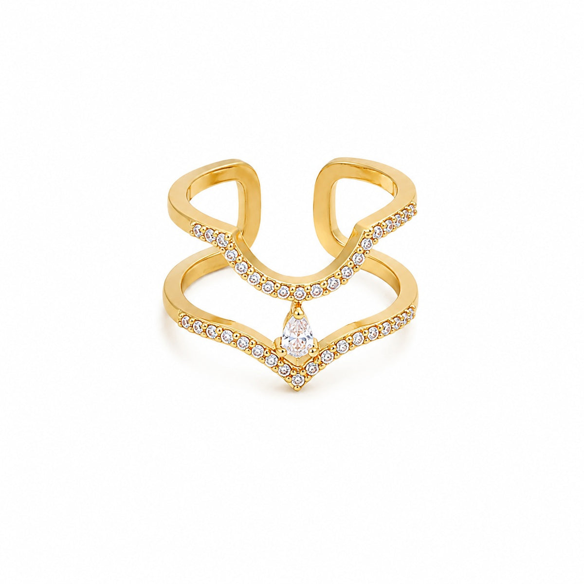 Bague d’ongle Double V Dorée à strass & goutte – Ajustable