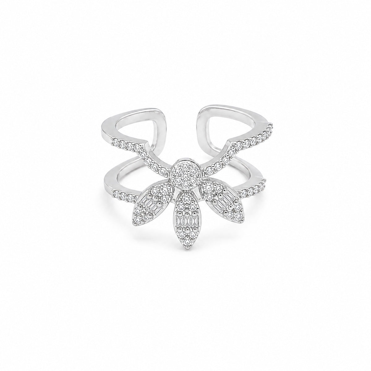 Bague d’ongle Fleur argentée à strass – Ajustable