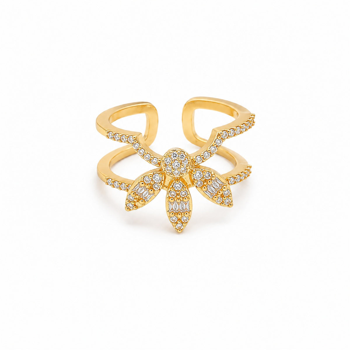 Bague d’ongle Fleur dorée à strass – Ajustable