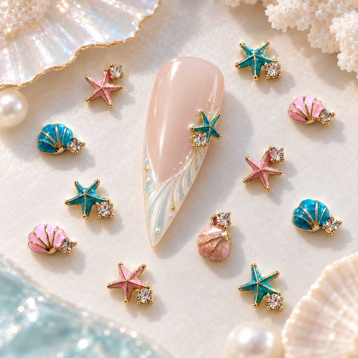 lot assorti de charms coquillages et étoiles de mer pour nail art