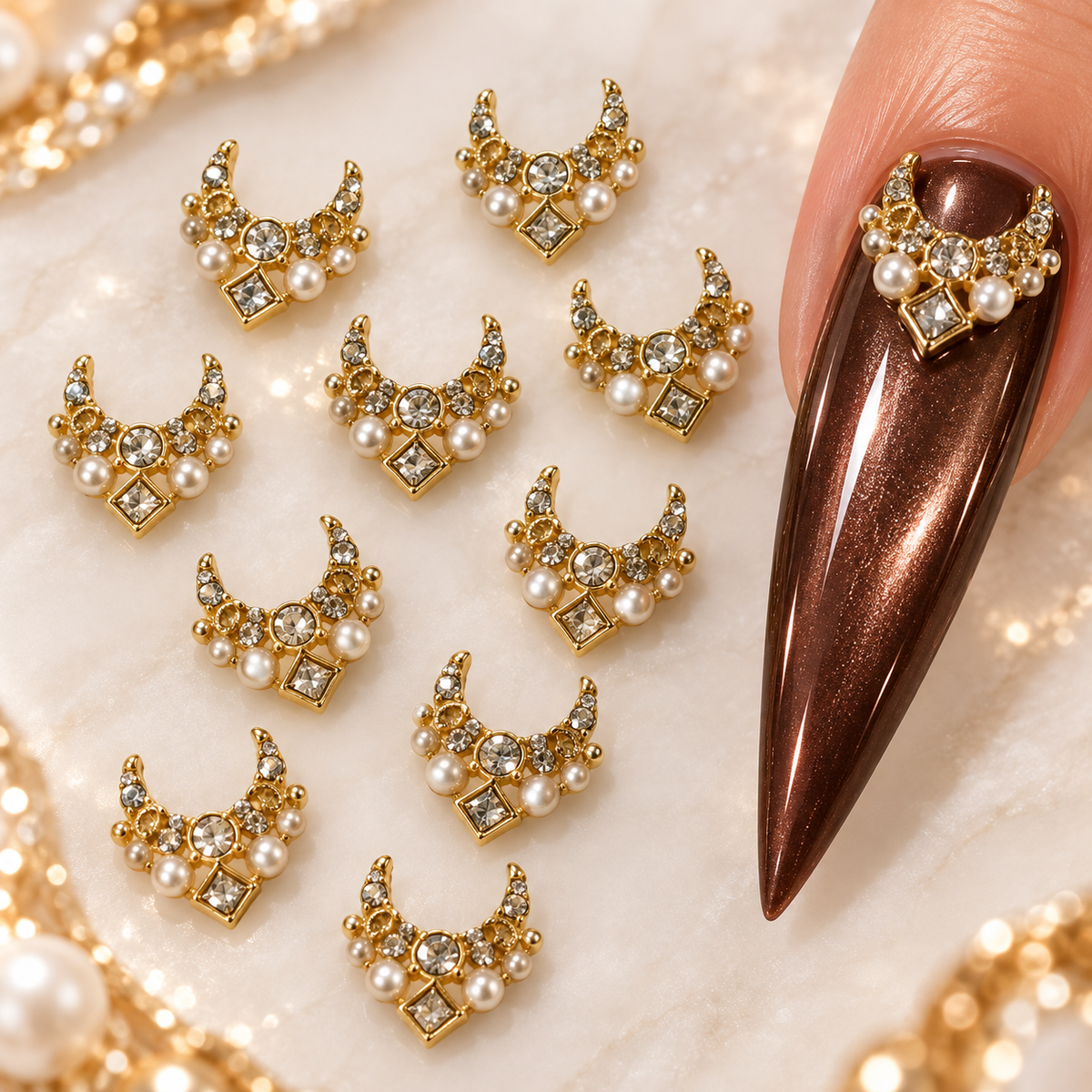 Bijoux d’ongles 3D dorés avec strass et perles – Lot de 10