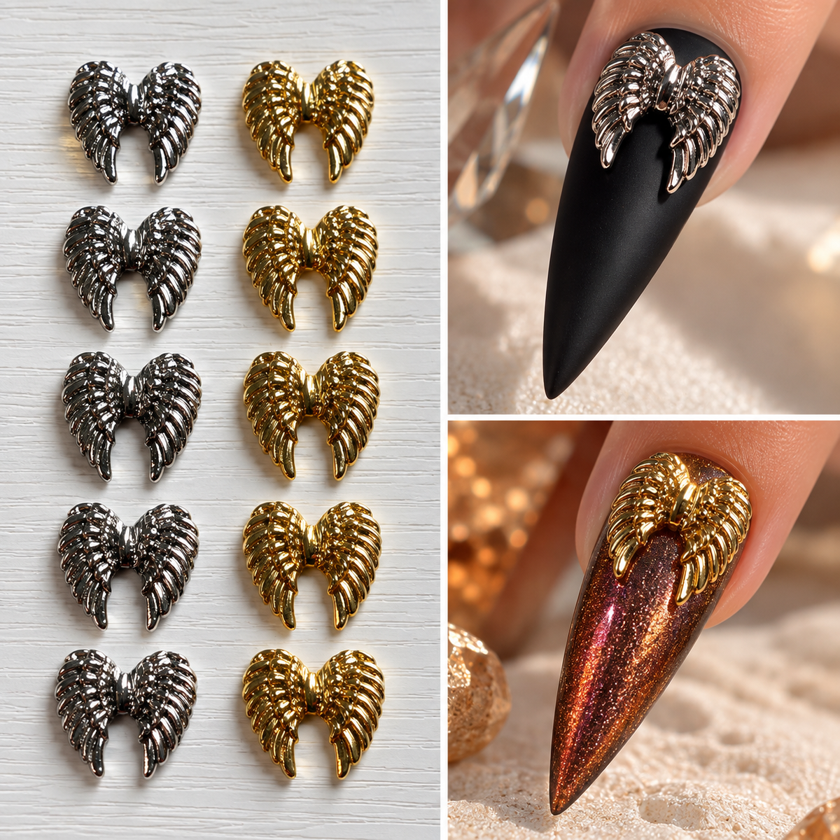 Bijoux d'ongles 3D – Ailes d'ange dorées et argentées – Lot de 12