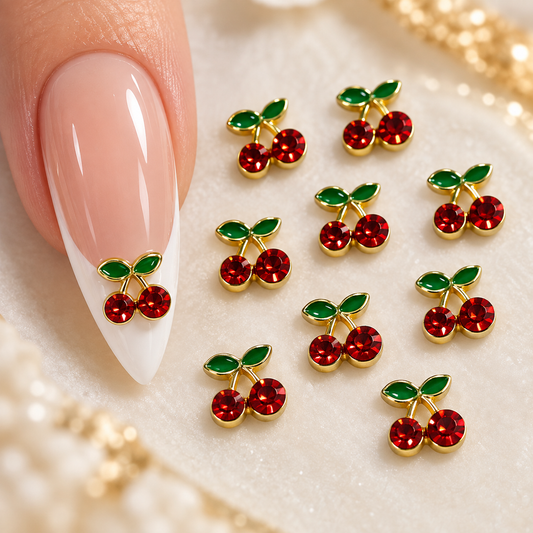 Bijoux d’ongles 3D – Cerises rouges avec strass – Lot de 10