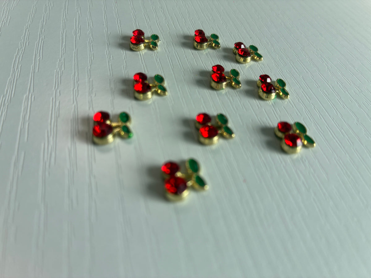 Bijoux d’ongles 3D – Cerises rouges avec strass – Lot de 10