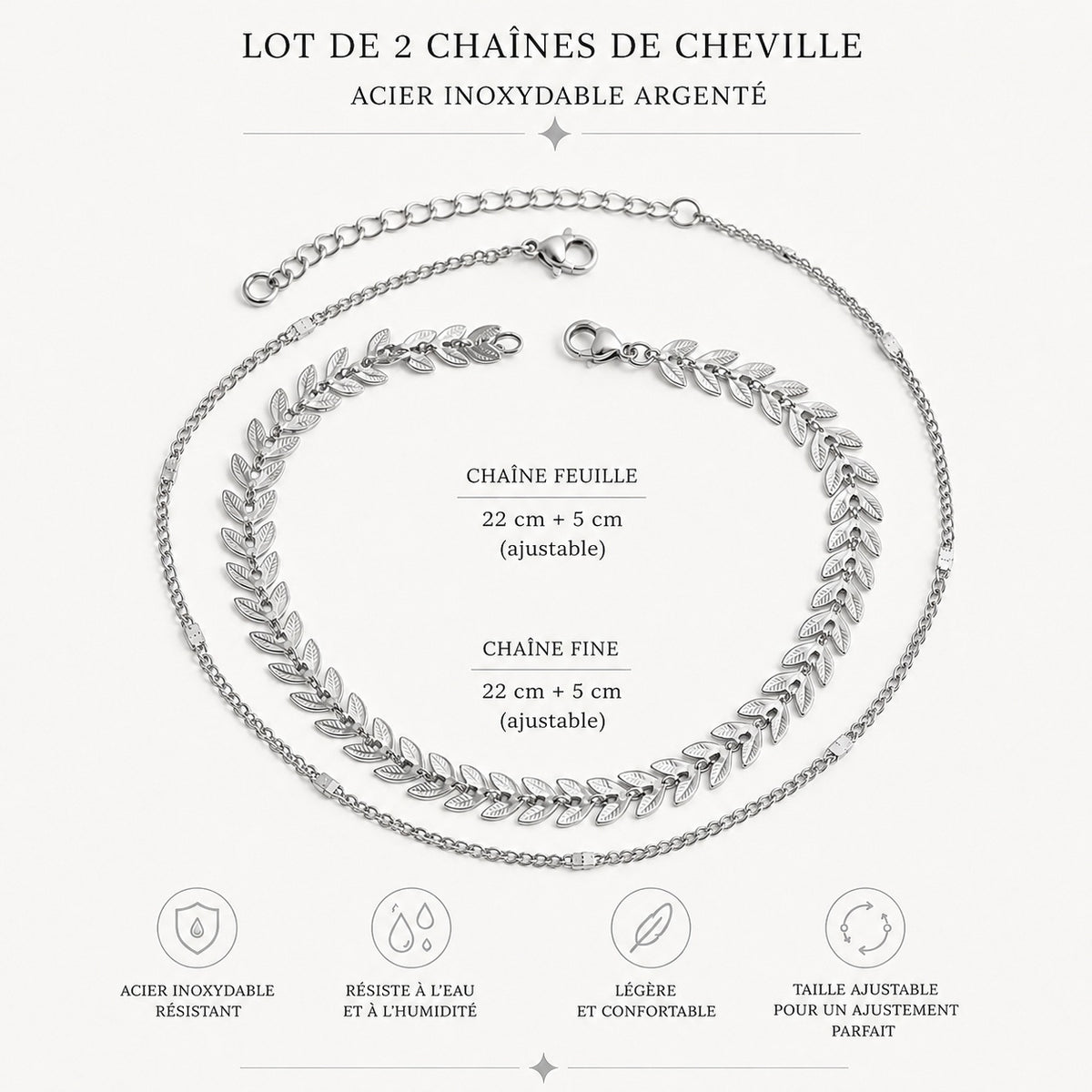 Lot de 2 chaînes de cheville Épi d’Argent – Acier inoxydable