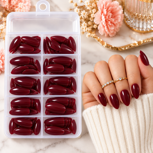 120 capsules amande courtes bordeaux – 12 tailles + kit de pose
