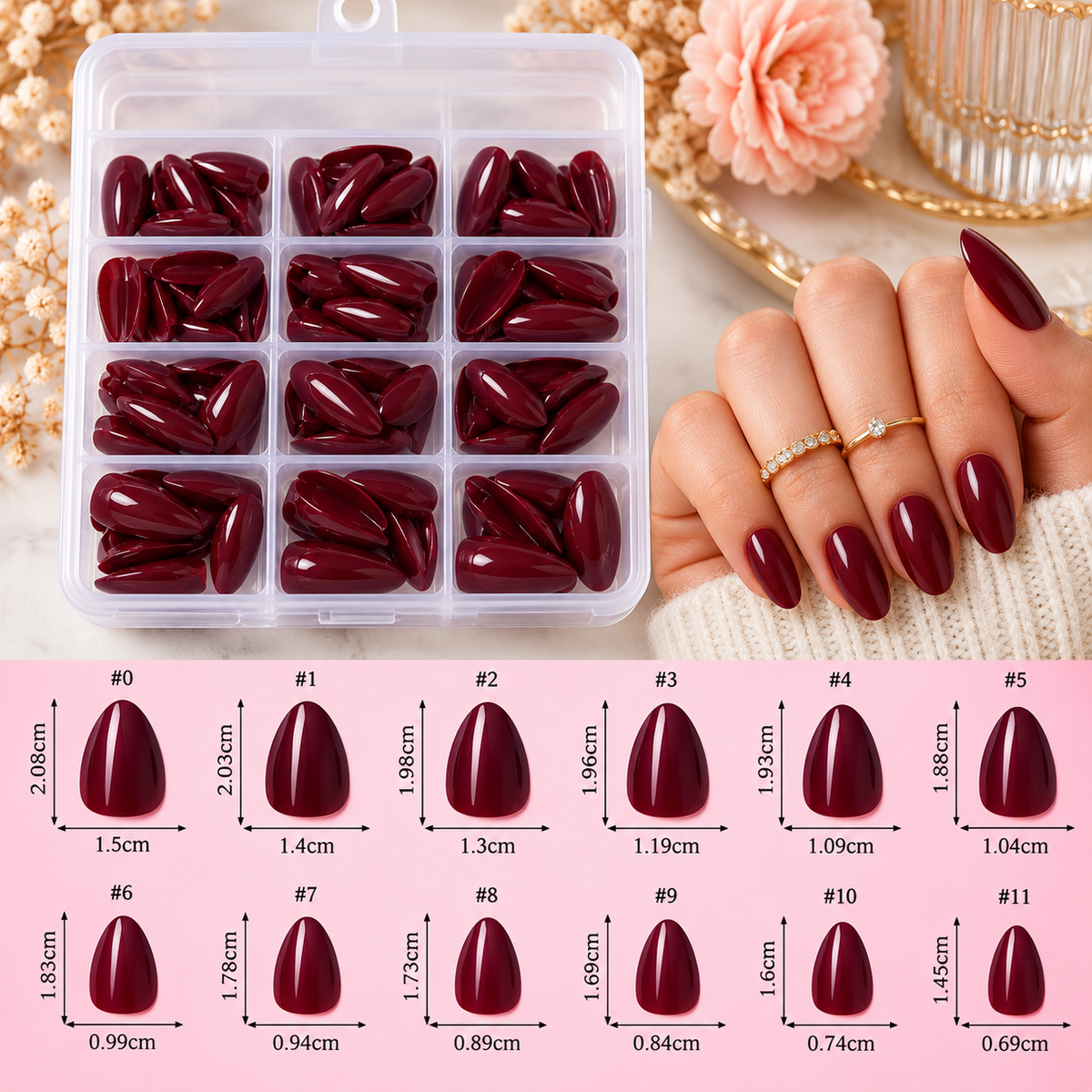 120 capsules amande courtes bordeaux – 12 tailles + kit de pose