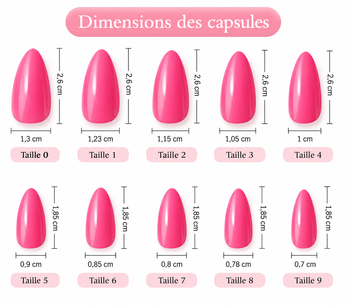 120 capsules pour ongles amande roses – 10 tailles + kit de pose