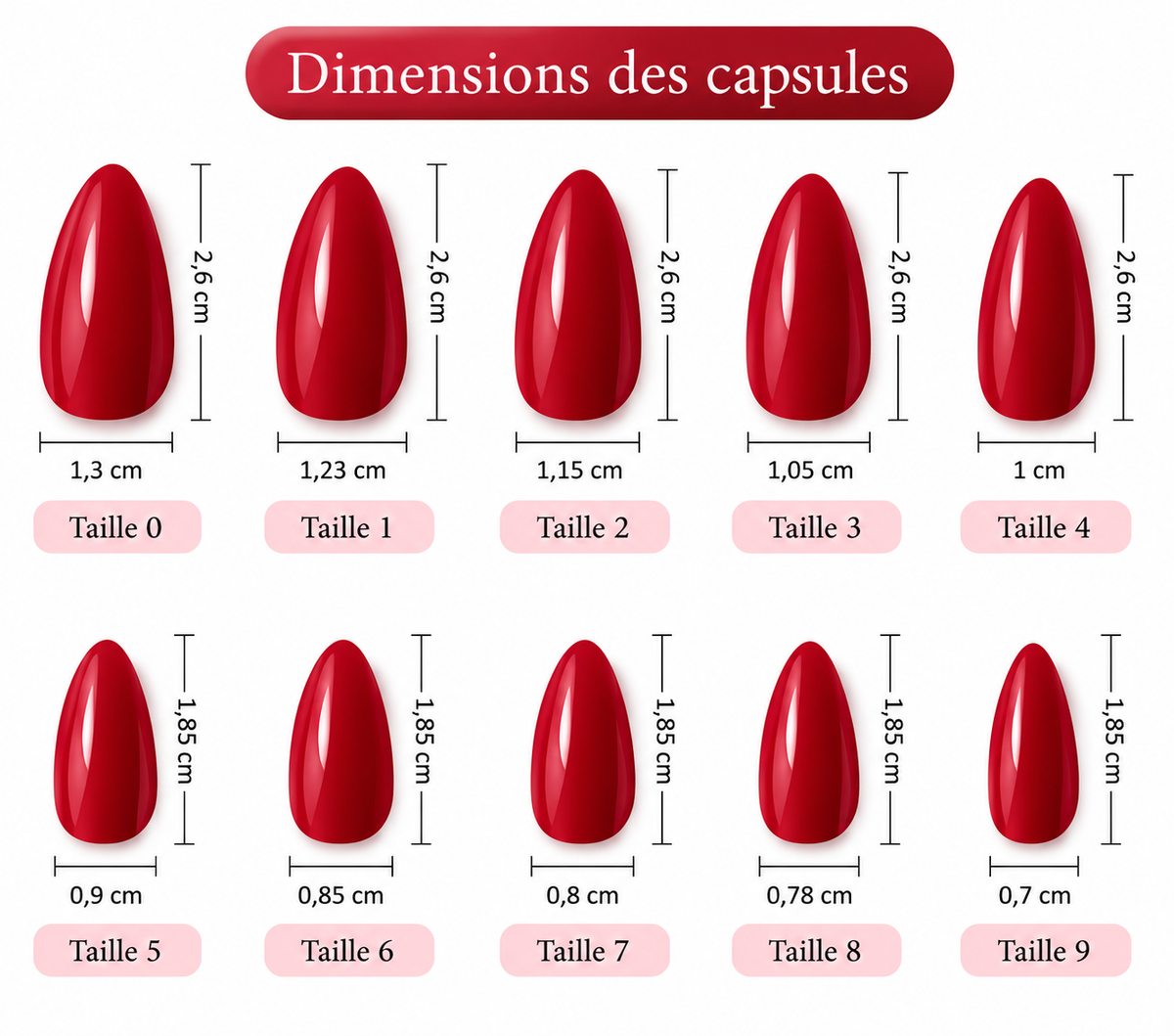 120 capsules pour ongles amande rouges – 10 tailles + kit de pose