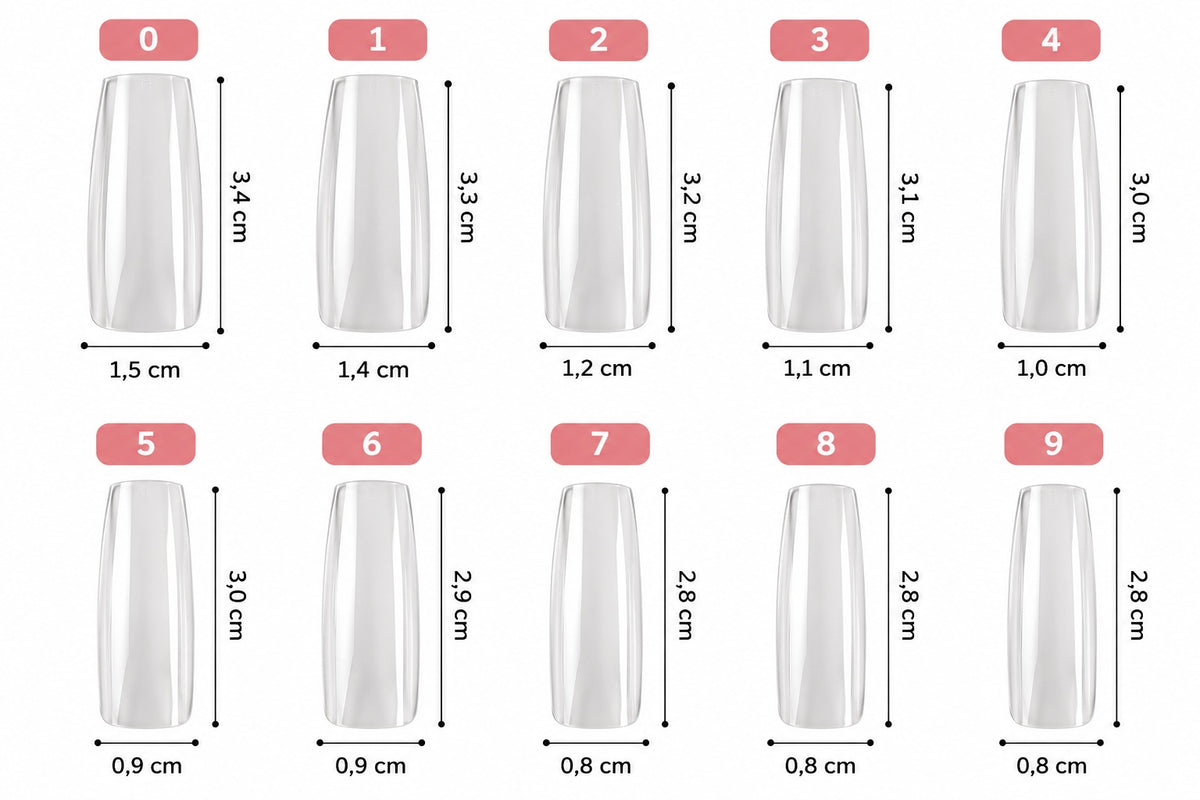 96 capsules pour ongles carrées longues transparentes – 10 tailles