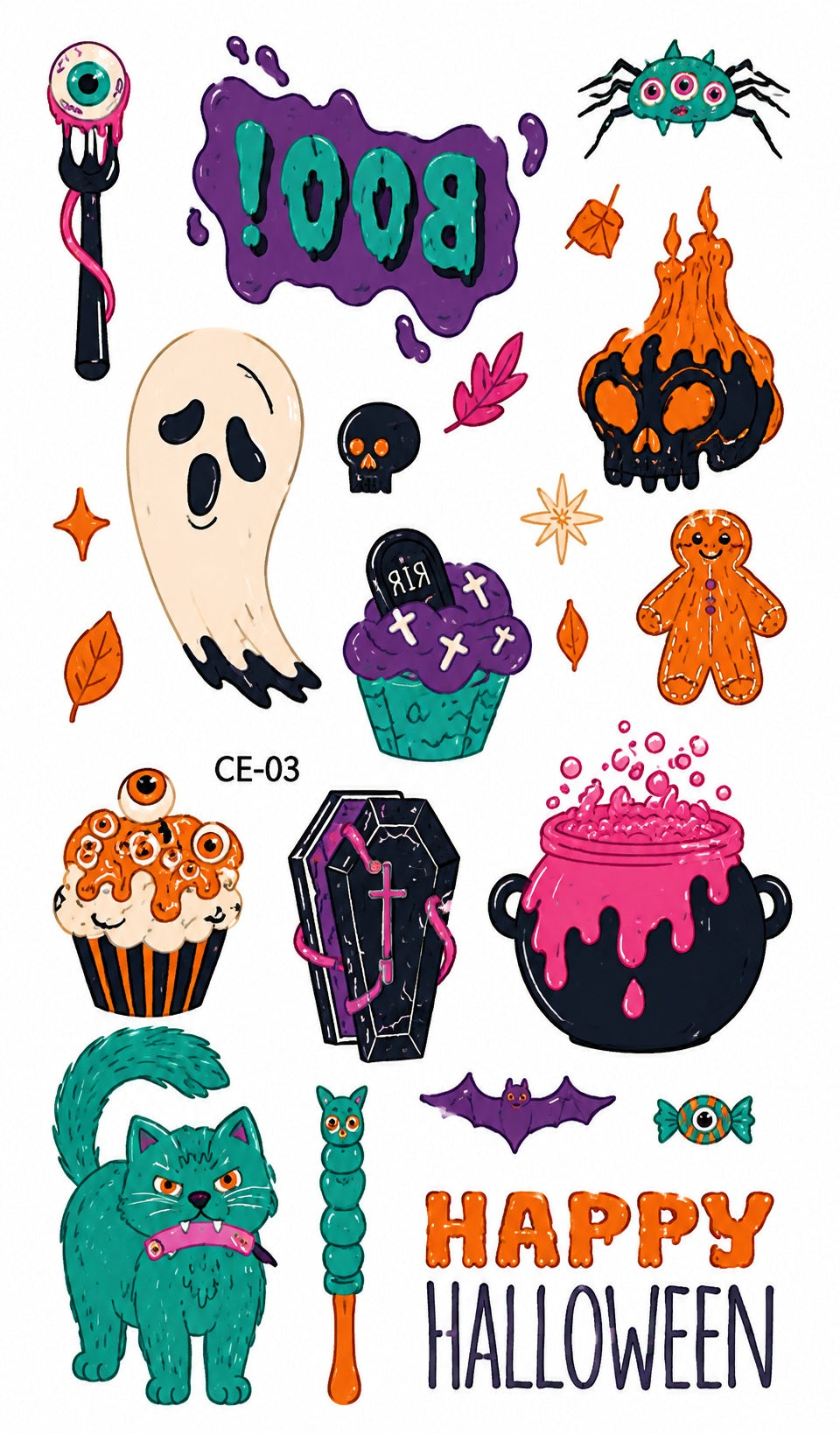 Tatouages éphémères Halloween 03-04 – Lot 2 planches – Fantômes Citrouilles Sorcière