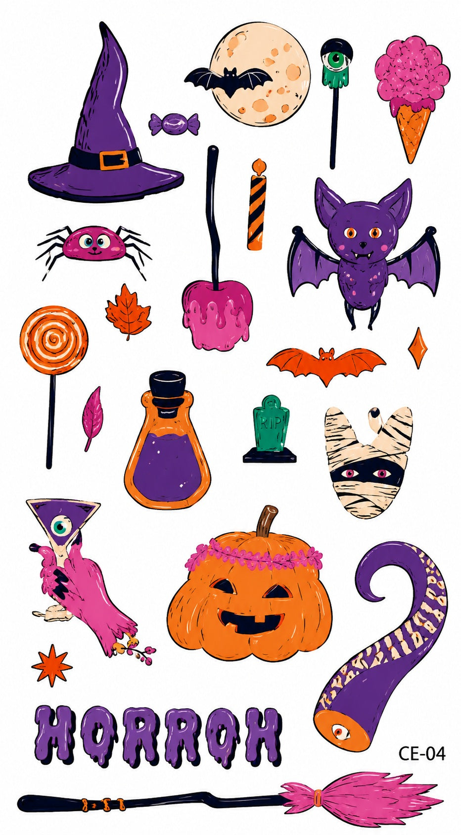 Tatouages éphémères Halloween 03-04 – Lot 2 planches – Fantômes Citrouilles Sorcière