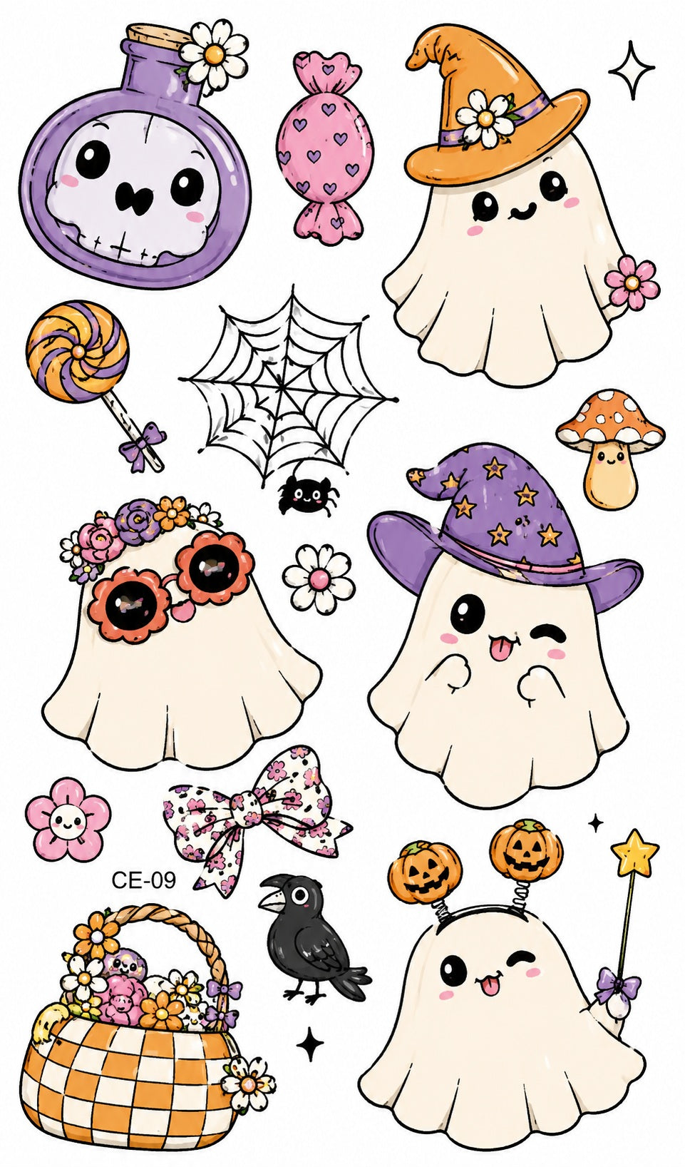 Tatouages éphémères Halloween 09-10 – Lot 2 planches – Fantômes Citrouilles Sorcière