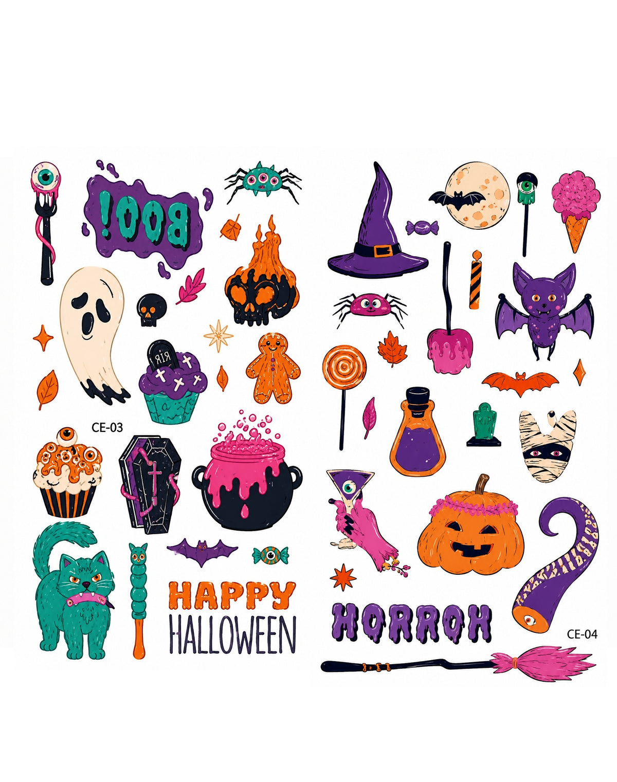 Tatouages éphémères Halloween 03-04 – Lot 2 planches – Fantômes Citrouilles Sorcière