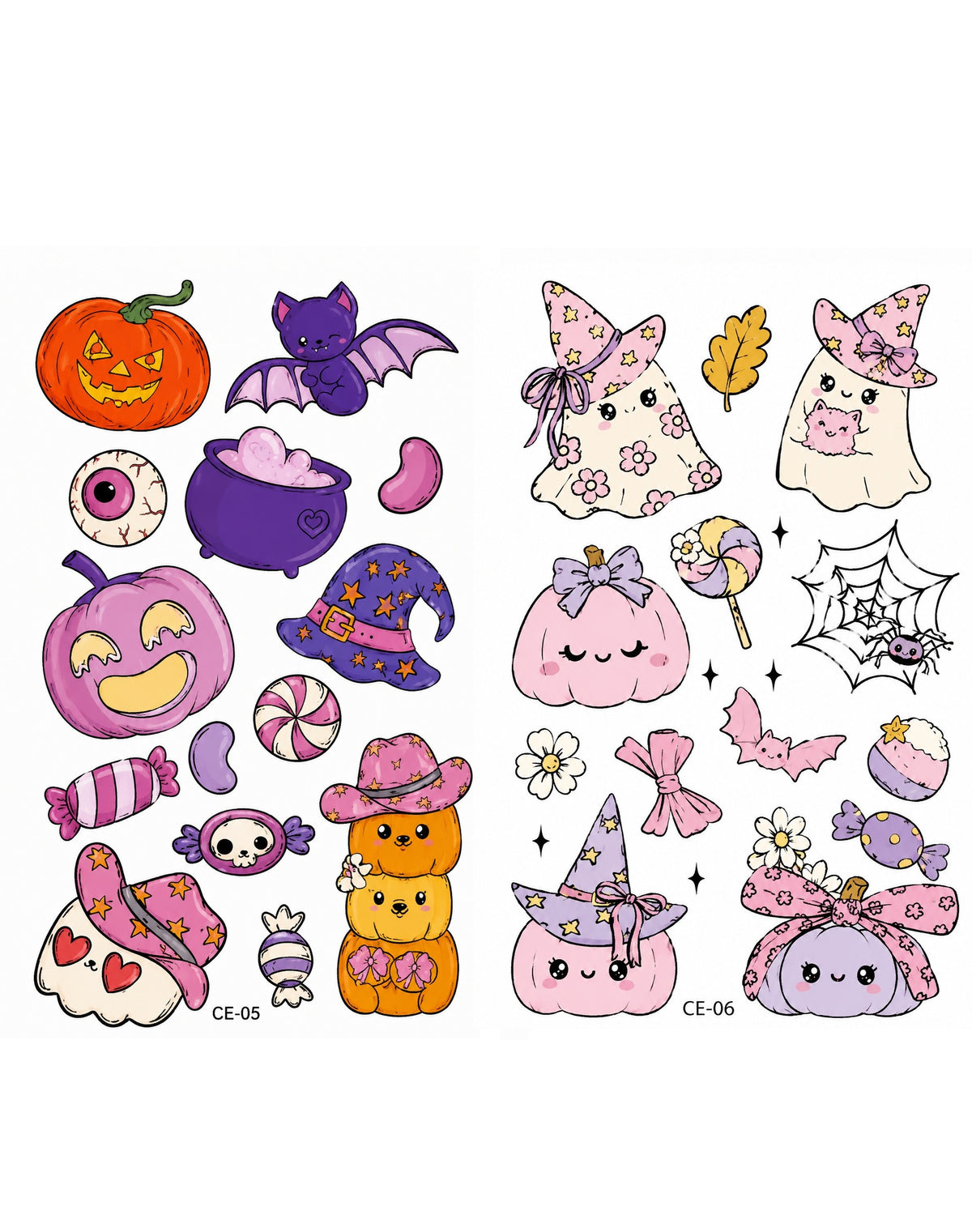 Tatouages éphémères Halloween 05-06 – Lot 2 planches – Citrouilles Fantômes Sorcière