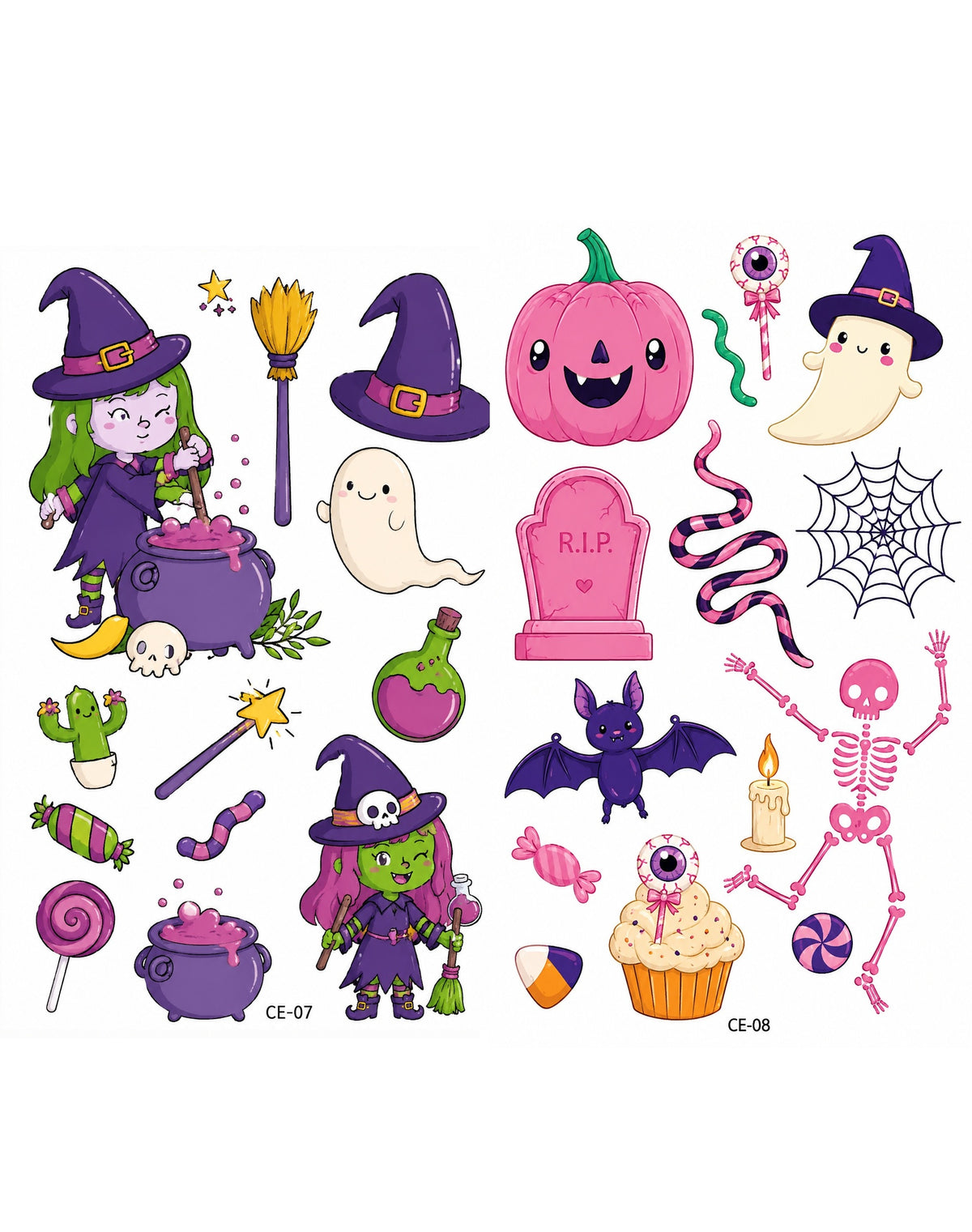 Tatouages éphémères Halloween 07-08 – Lot 2 planches – Sorcière Fantôme Squelette