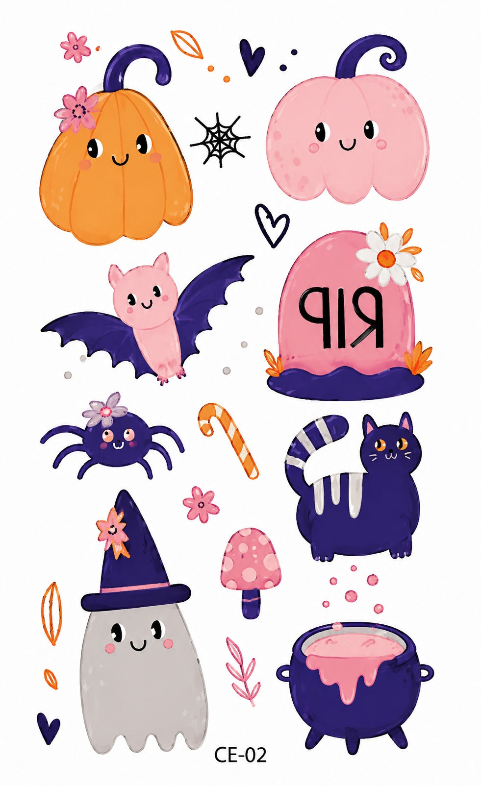 Tatouages éphémères Halloween 01-02 – Lot 2 planches – Citrouilles Chats Fantômes