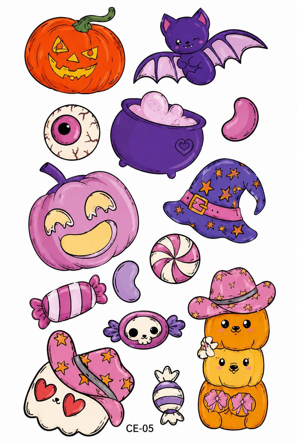Tatouages éphémères Halloween 05-06 – Lot 2 planches – Citrouilles Fantômes Sorcière