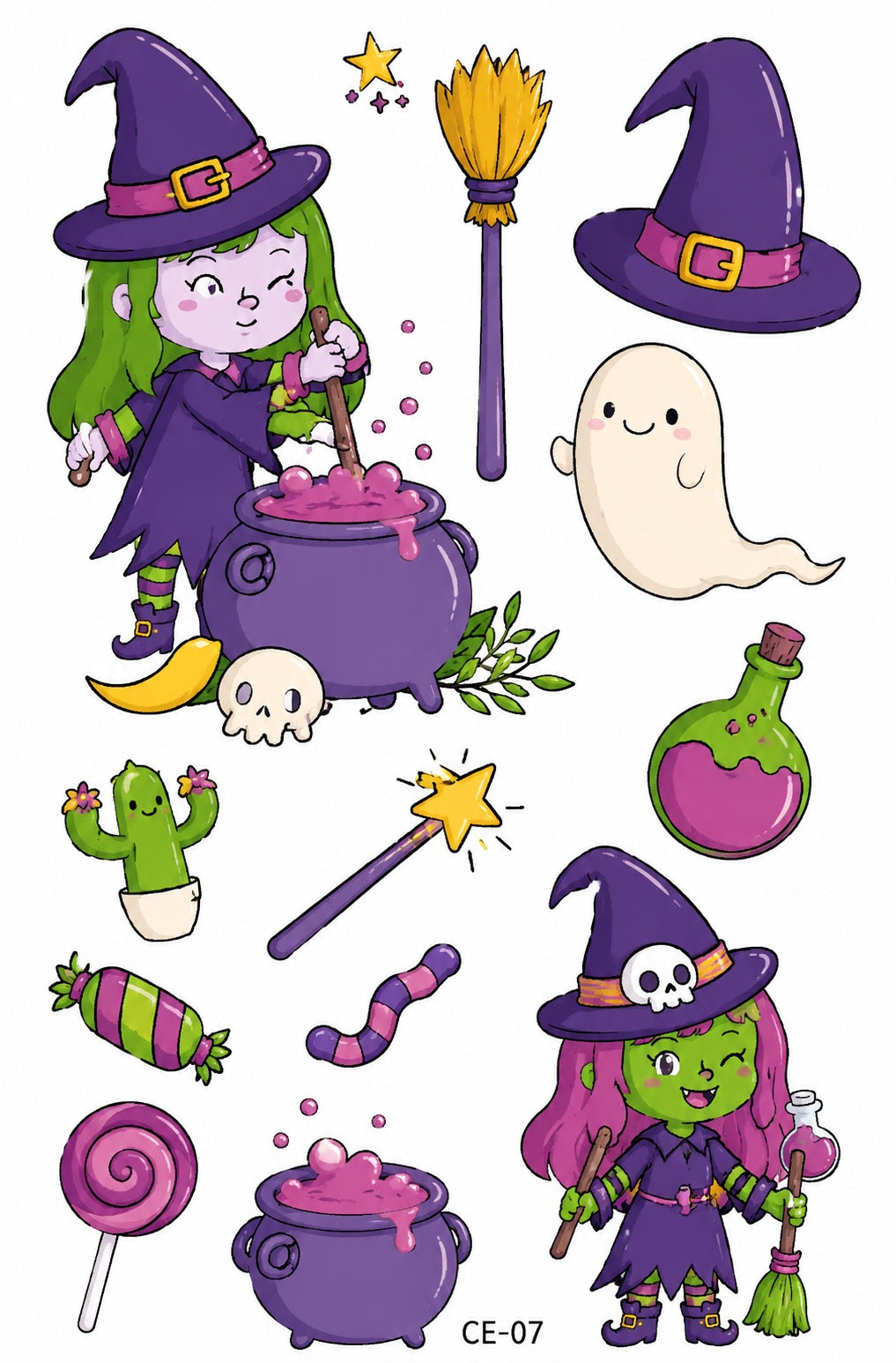Tatouages éphémères Halloween 07-08 – Lot 2 planches – Sorcière Fantôme Squelette