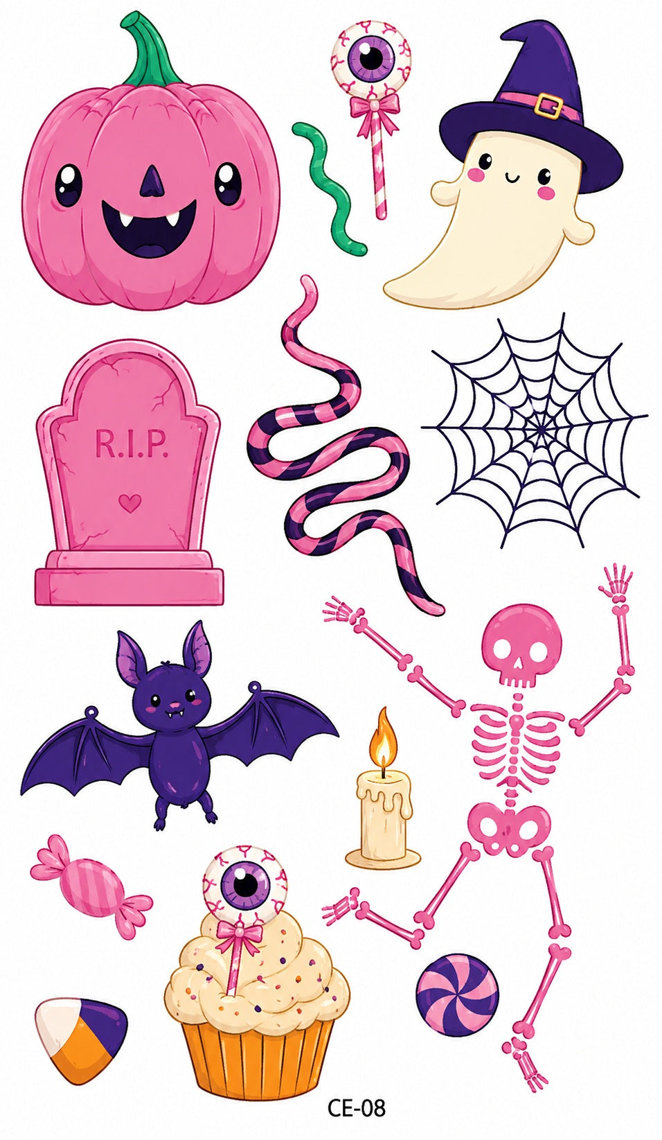 Tatouages éphémères Halloween 07-08 – Lot 2 planches – Sorcière Fantôme Squelette