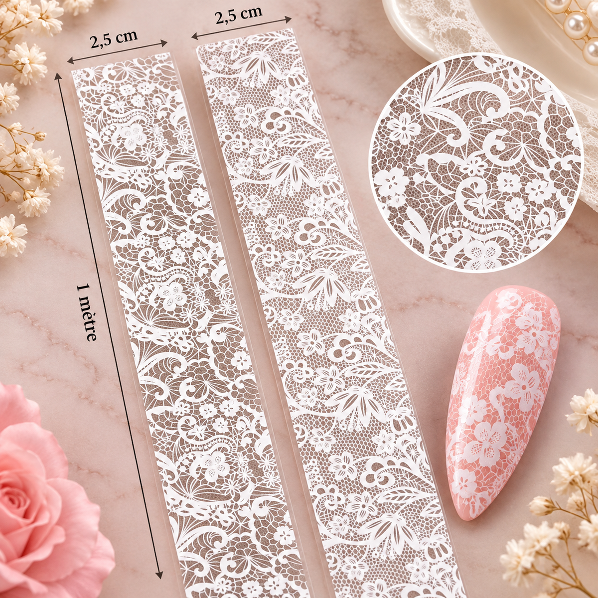 Foil Nail Art – Dentelle blanche florale – 1 mètre