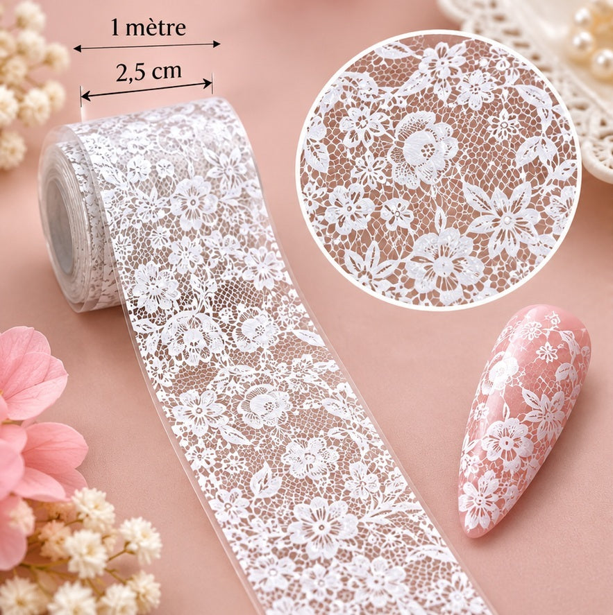 Foil Nail Art – Dentelle blanche florale – 1 mètre