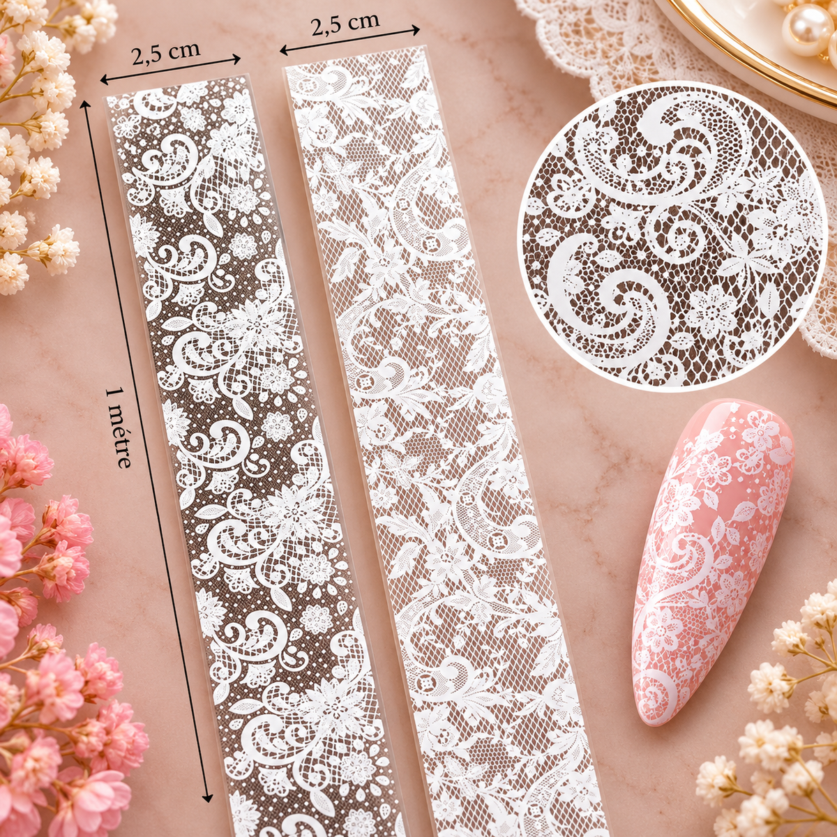 Foil Nail Art – Dentelle blanche arabesques – 1 mètre