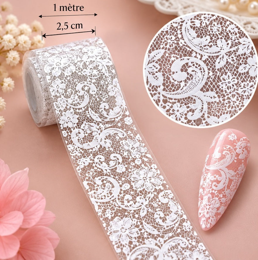 Foil Nail Art – Dentelle blanche arabesques – 1 mètre