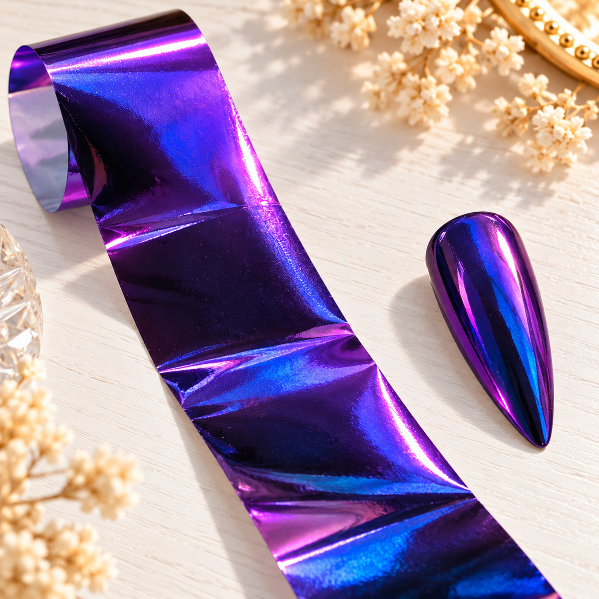 Foil Nail Art Violet Caméléon – Reflets bleus métallisés – 1 m