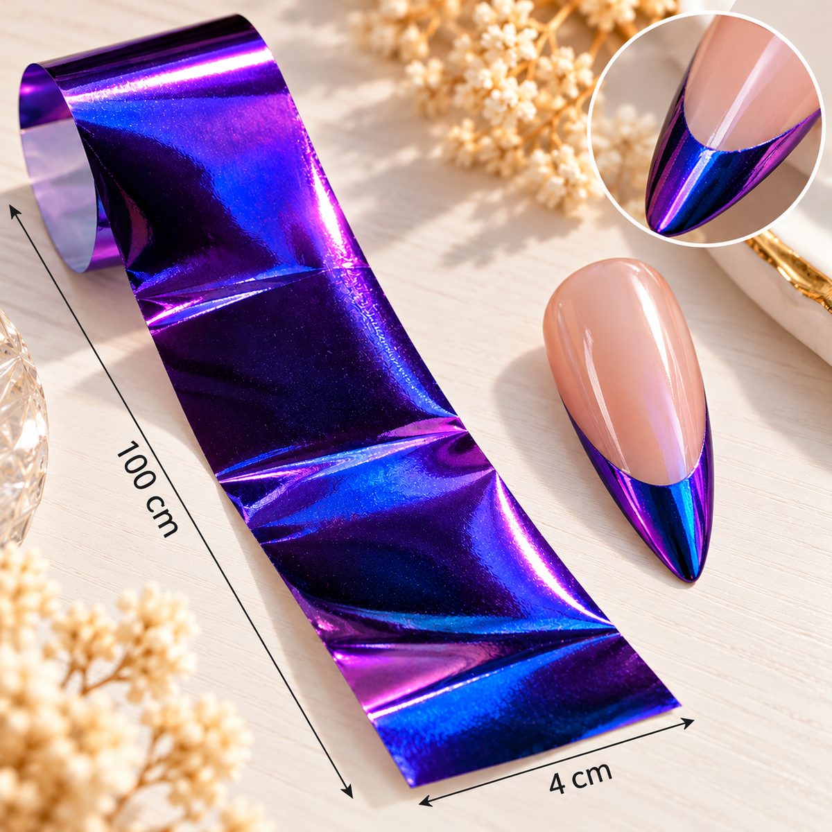 Foil Nail Art Violet Caméléon – Reflets bleus métallisés – 1 m