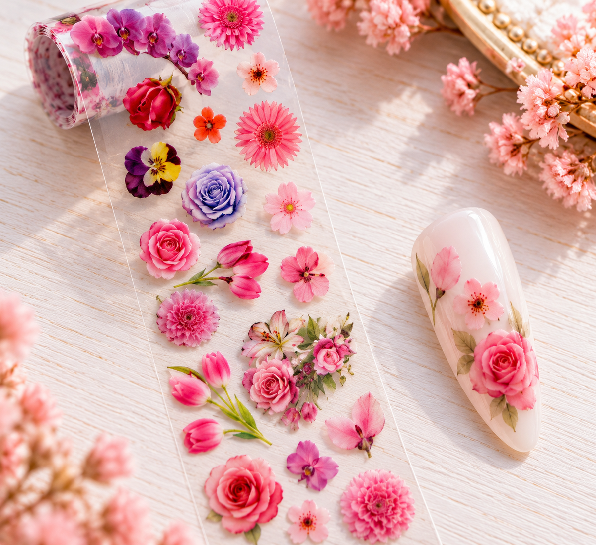Foil Nail Art – Roses, pensées et fleurs multicolores