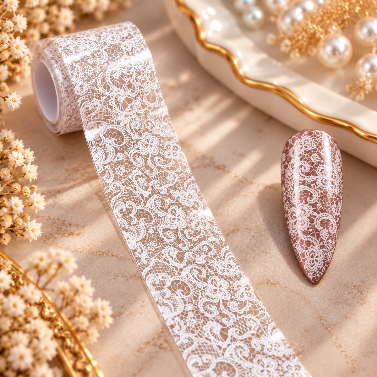 Foil Nail Art – Dentelle blanche fleurie et arabesques – 1 mètre
