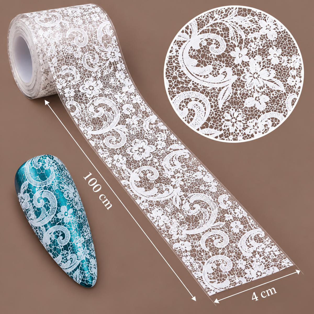 Foil Nail Art – Dentelle blanche fleurie et arabesques – 1 mètre