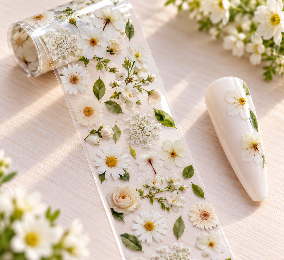 Foil Nail Art – Fleurs blanches et roses délicates