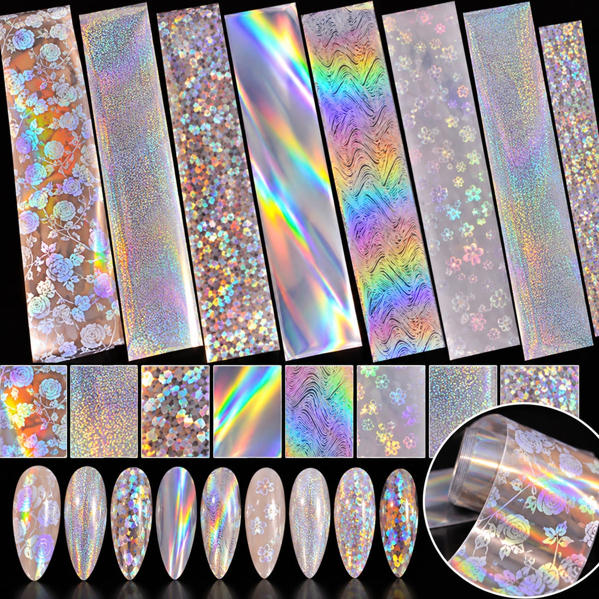 lot de 8 foils holographiques assortis pour nail art